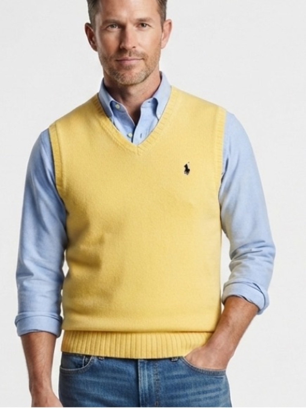 POLO Ralph Lauren 100% Lambswool V-Neck Vest Yellow Navy Pony XL